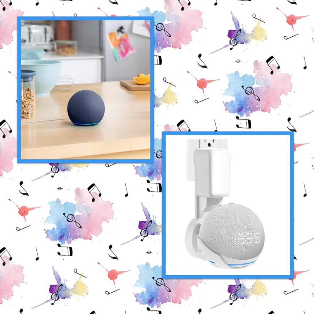 Echo Dot 5 Smart Speaker with Blue Fabric Cover and Wall Mount In White